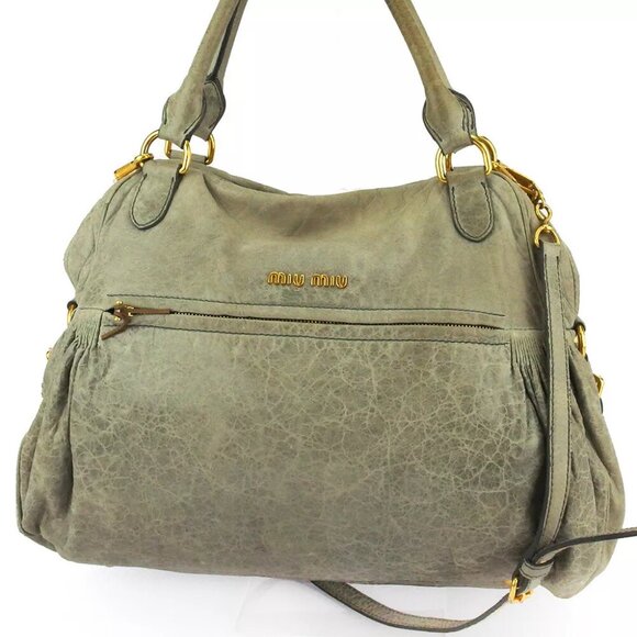 miu miu 2WAY shoulder bag logo gray gray leather Authentic used T18103